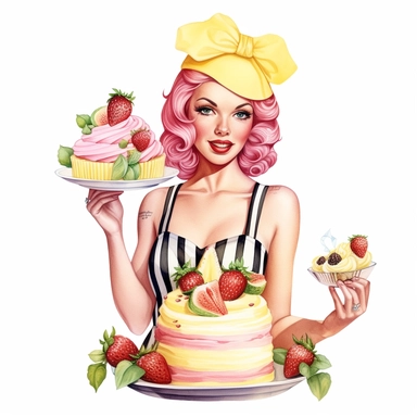 Hand drawn pin up woman, wearing a yellow bakers hat, pink and white striped apron, holding lemonade cake with lemons, with strawberries and blossoms, glamorous, half body, very detailed and realistic, watercolor, white background with margins, clipart style