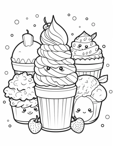 Kawaii Cake Icecream with delightful designs and flavors, like blueberry, chocolate chip, and banana For Simple Coloring page,line art, thick lines, black and white,clipart, illustration, on white background,margin Page 10px