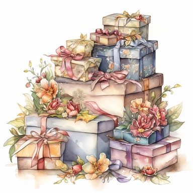 insanely beautiful pile of 3 gift packages , in the style of beatrice potter, jody bergsmay32k uhd, hand-painted details, pastoral illustrations, amazing colour combinations , aquarellist, hd , white background clipart ,-- no watermark--ar 27:37
