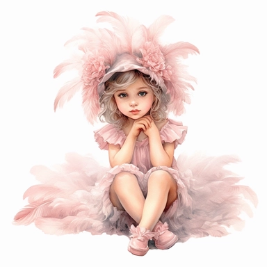 adorable little vintage romantic girl sitting on a magical pink feathers, face looking straight, full body, clipart style, accurate details, oil painting technique, super high quality, professional watercolor clipart, high resolution