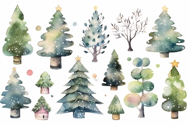 cute christmas tree watercolor clip art, in the style of chiho aoshima, jon j muth, rtx on, lucy grossmith, decorative elements, christcore
