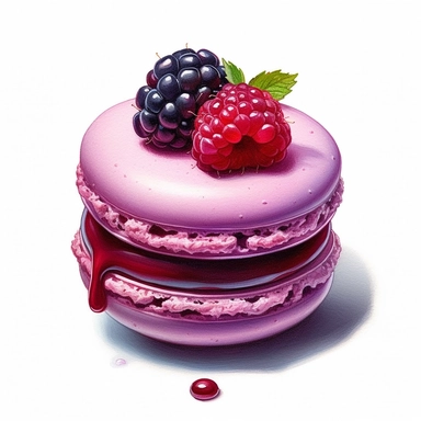 incredible detailed acrylic art macaron with blackberry clipart, hyperrealism, clear picture in high resolution, highlights , white background, appetizing, clear and contrast image, reflections, very detailed drawing, menu illustration, realism, high quality, lighting like in a photo studio, advertising, hd