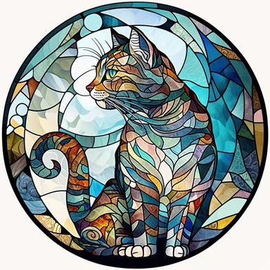 Stained Glass cat ornament,in the style of circular, артур скижали-вейс, animated mosaics clipart on a white background, shutterstock contest winner, generative art, detailed painting, digital illustration, photoillustration isolated on white background, digital watercolor