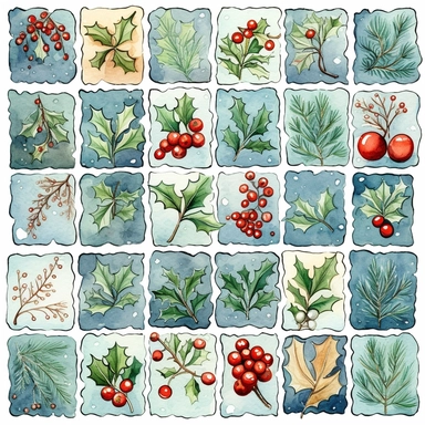 Watercolor line art, little squares filled with doodly patterns of  xmas ,ornaments and decorations , illustrations clipart set, simple, christmas colors , cartoon elements, different variants , stocking, bubble ornaments, mistletoe, holly, wreath, modern art, separate elements with a margin