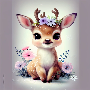 happy baby deer sitting colorful with a big head, big sparkling eyes, flowers on the horns, watercolor Illustration clipart, 4K, extremely detailed