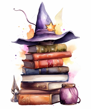 witchcraft books, bookshelf, witch hat, in the style of realistic watercolor paintings, 2d game art, fairy academia, purple and amber, decorative paintings, goblin academia, the stars art group (xing xing), clipart graphic, white background