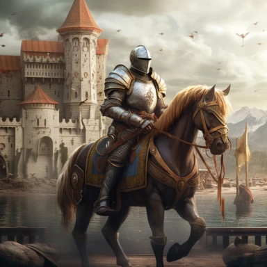 Create an epic knight-on-horseback scene with the bundle's knight and castle clipart
