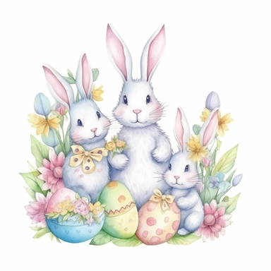 bunny family celebrating easter, easter eggs, pastel flowers, watercolor, clipart, isolated white background, rich in detail