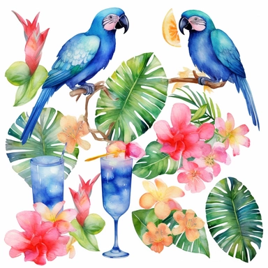 Watercolor Tropical Summer Clipart, Blue Hawaiian Cocktail, Hibiscus, Plumeria flowers with Palm leaves, Tropical Birds, Parrots, Seascape