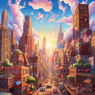 In a bustling cityscape where the boundaries of reality blur, imagine a vibrant and eclectic scene that seamlessly blends everyday urban life with unexpected and whimsical elements. As the sun sets, casting a golden glow across the horizon, the city comes alive with an array of random objects and fantastical surprises. At the heart of this surreal metropolis, towering skyscrapers stand tall, their sleek glass facades reflecting a kaleidoscope of colors. Amidst the concrete jungle, peculiar featu