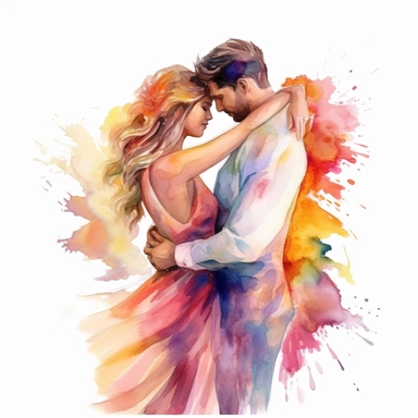 Watercolor clipart of a bride and groom in a loving embrace, with vibrant colors, on a white background.