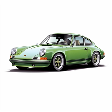 in clipart style, vector image, A meticulously crafted illustration of a green 1973 Porsche 911 Carrera RS , highlighting its iconic design and graceful contours, placed against pure white background (style: evoking the accuracy and refinement of classic automobile blueprints) (lighting: deliberate, directional lighting) (colors: an elegant palette for the car's body set against a pristine, white backdrop) (composition: captured from a side view or three-quarter angle using a 35mm lense ensuring