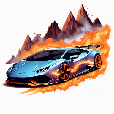 image create Clipart of Lamborghini Huracan with huge wing speeding around a mountain, smoking tire, color pencil style, cartoon style, fire decals, racing