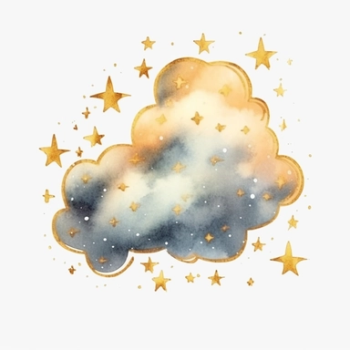 watercolor realistic cloud with gold stars clipart, single clipart, high resolution, light color, 8k