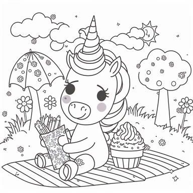 cute clipart cartoon of an happy unicorn having an outdoor picnic coloring book cartoon style vector lines black and white with no background--v4