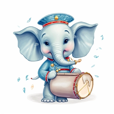 cute baby elephant as a marching band percussion player, nursery wallpaper clipart naive art