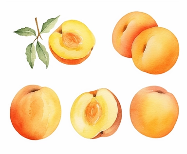 watercolor four Apricot fruits clipart, flat style, no volume, few details, washed out, minimalistic style, very lose details, very light colors, transparent colors, light airy hues and pastel tones, spaced out, white background, washed out colors and paint, hand-painted watercolor, watercolor spray, watercolor splash, splatters and paint smudges on top of each Apricot, watercolor paper with visible rough paper texture, a variety of watercolor brushes, do not cross workspace borders, rough water