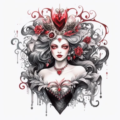 Clipart white background - Bring to life a fantasy Queen of Hearts with intricate tattoos and ornate jewelry, watercolor, aesthetic