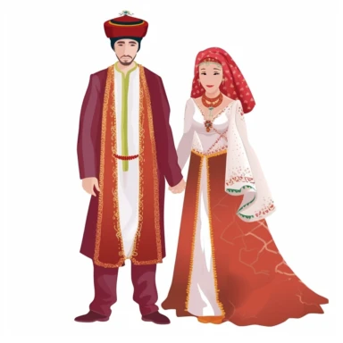 Create one clipart full size body of a couple wedding [maroccan] with loving expressions, gentle and affectionate body language, hugs . The couple is form with [ bride in kifta wedding dress] and [ a man in maroccan suit wedding ]. Use traditional clothing and accessories that are meaningful to each culture, and incorporate [color] and [color] to add visual interest and cultural significance to the design by Eddie Campbell