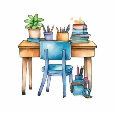 a desk and chair for classroom ,watercolor clipart, Cute kawaii , single object, illustration by katie daisy style,png transparent,white background for removing background - - no text shadow font watermark