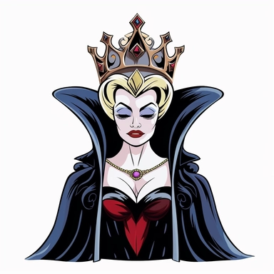 2d partially lined clipart illustration of an evil but beautiful queen, in the style of 1959's sleeping beauty movie, white background