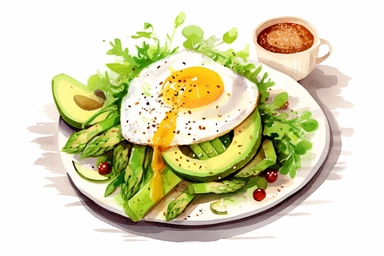 a delightful watercolor, hyper-realistic clipart image with a white background and white margins, showcasing a plate of chopped avocado, poached egg, boiled asparagus, microgreens and sprinkled with sesame seeds. Next to it is a cup of green tea with a slice of lemon.The ultra-detailed, hand-drawn elements