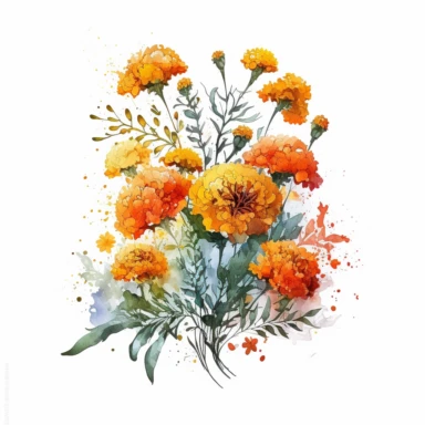 [9063799586] Watercolor clipart. An enchanting watercolor artwork featuring a charming bouquet of marigolds, their vibrant petals dancing with every brushstroke.. White background. No text. No caption. No logo