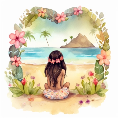 watercolour, tropical island setting, showcase an adorable little Hawaiian girl, she has flowers in her hair, she is sitting near the beach, surrounded by beautiful flowers and hearts, the feeling is magical, clipart style
