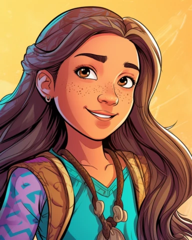 Blend of comic book art and lineart in full natural colors. A full-body portrait shot of a bright and energetic 10-year-old Irish Italian Indian girl. She has long, flowing brown hair with a few braids or colorful hair clips that add a playful touch. Her eyes are wide and curious, reflecting her youthful innocence and curiosity. She dresses in comfortable and age-appropriate clothing, such as jeans or leggings paired with colorful tops or t-shirts. She often wears sneakers or cute ballet flats t