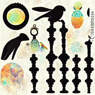 1 keyhole silhouette on white background, sacred geometry embellishments, stone texture, marketing clipart detailed engravings, 1 colorful parrot holding rolled up scroll, style in halftone comic book illustration