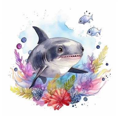 cutest little nursery shark with big eyes, full body, pen and ink with watercolor, seaweed, jelly fish, little fish, pearlescent horn, sparkles, glittery, clipart sheet, nurseycore