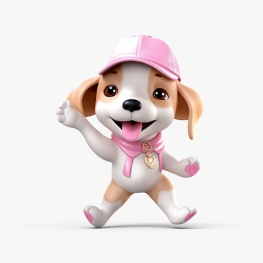 Nursery safari animal, clipart, dog, cute, white background, no text, no words, wearing a pink hat, dancing, happy,