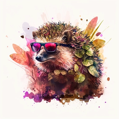 hedge wearing sunglasses for a cool illustration, in the style of explosive wildlife, watercolor illustrations, magenta and bronze, sharp/prickly, characterized animals, aurorapunk, bright palette, clipart