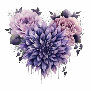 a heart shape made with Soft Purple and Pastel Purple Dahlia flowers, wet on dry watercolour style, dark gothic antique look, clipart, white background