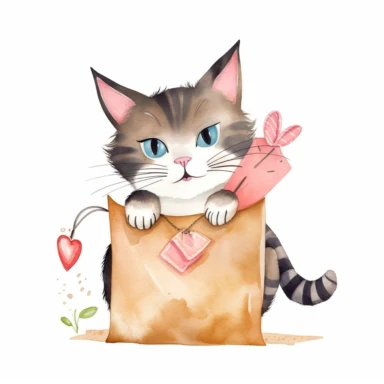 Lovely watercolor clipart of a playful cat with a paper bag, capturing the joy and happiness of pets, with delicate colors and intricate details, perfect for a wall art print, whimsical and charming, high-quality illustration, hand-painted with love, elegant and sophisticated.
