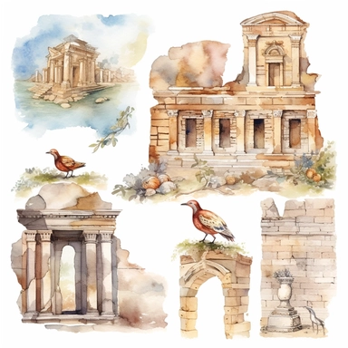 watercolor turkey ephesus ruins, illustrations clipart set, simple, , cartoon elements ,different variants ,marble elements, separate elements with a margin