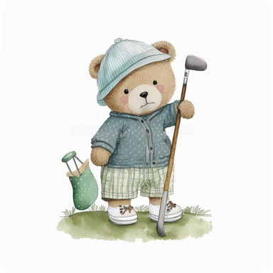 cute Teddy Bear playing golf and wearing vintage golf summer clothes Illustration, Sublimation graphics, by Beatrix Potter, Watercolor clipart, single design, white background