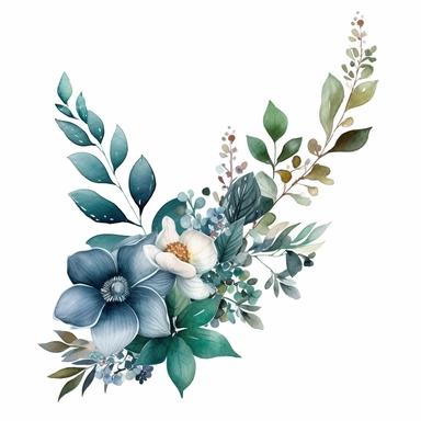 watercolor Clipart, botanic theme, corner composition of leaves and flowers, boho style, white background