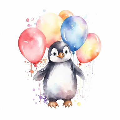 realistic, high resolution, smiling penguin with baloons, cartoon, watercolor clipart, completely white background