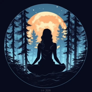 t shirt design of girl meditating in the forest, The moon light shinning on her, Trees surrounding her, Design outline sticker, Clipart style