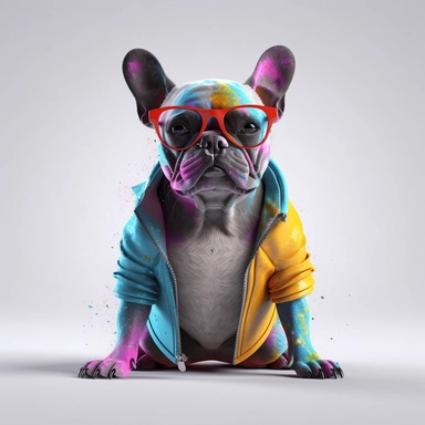 french bulldog, transparent backround,clipart,4k hd,full body,different positions,shot sleved clothes,sunglasses, really really colorful