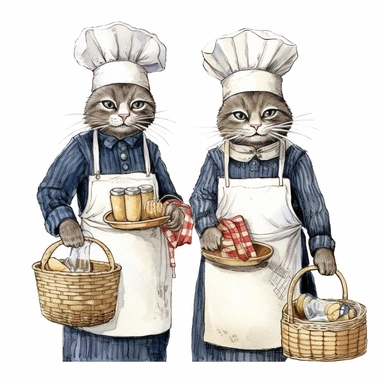 vintage cute cats baking, wearing clothes, in the style of edward gorey, clipart, white background
