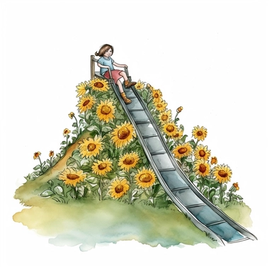 a boy and girl are sliding down an old metal slide placed on a hillside with just a few sunflowers nearby watercolor clipart no fonts no letters no words