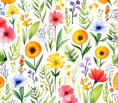 flora, flowers, Watercolor, vector, white background, clipart, Seamless patterns, repeating patterns design, flat illustration, outlined , Vector, 4K, Art station, digital print, highly detailed clean, A detailed illustration a field,3D vector art, cute and quirky, fantasy art, watercolor effect, bokeh, Adobe Illustrator, hand-drawn, digital painting, low-poly, soft lighting, bird's-eye view, isometric style, retro aesthetic, focused on the character, 4K resolution, vector image, photorealistic 