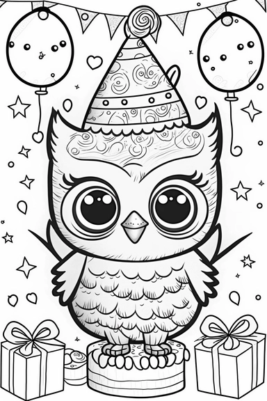 a cute and happy owl's birthday, black and white clipart for a kids coloring page, thin black lines, simple details, accurate features, illustration style