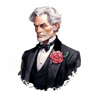 Elegant Victorian gentleman in a classic black suit, his gray hair styled with sophistication and adorned with a small red rose lapel pin. His refined demeanor and impeccable fashion sense leave a lasting impression. White background, clipart, watercolor, intricate detail.