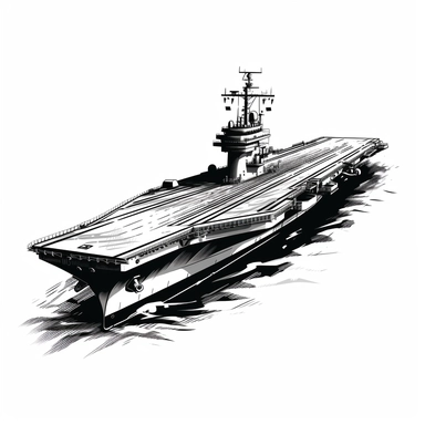 black and white linocut clipart basic minimal vector image of a US NAVY aircraft carrier RONALD REAGAN seen from above