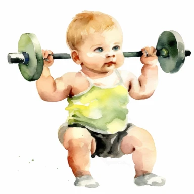 watercolour clipart of an European baby lifting weights