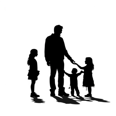 fathers day,full black Silhouette, father hold hand his children, white background,simple,clipart