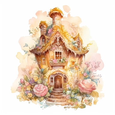 adorable, charming, small, fabulous fantasy Gingerbread house, with sweets, cookies and peony flowers, fairy tale house, ultra detailed, in light pink and yellow colors, mary whyte watercolor art style, clear line, romantism, scrapbooking, clipart